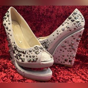 BNIB Gianmarco Lorenzi Silver Platform Wedge Embellished w/Rhinestones & Studs